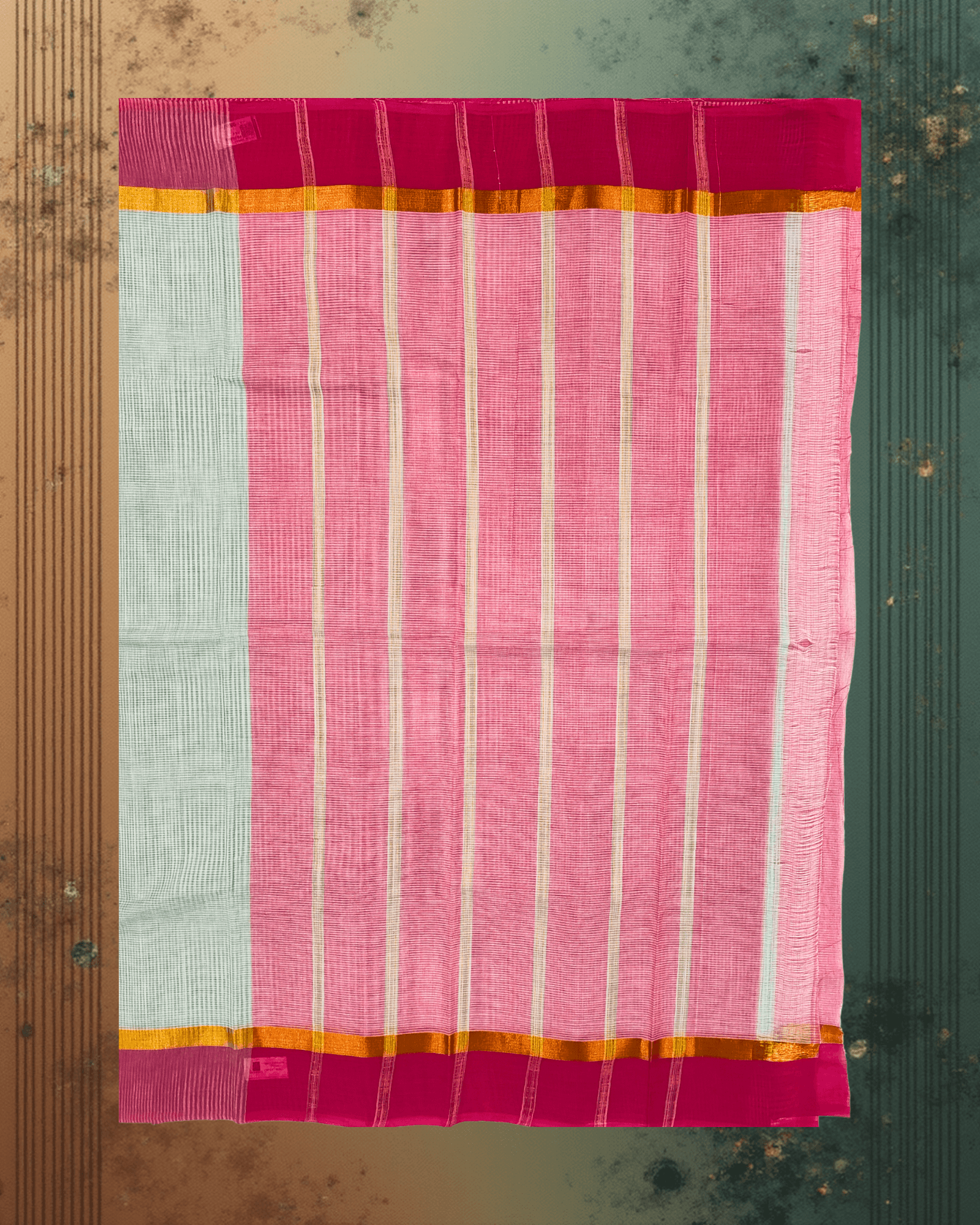 Pure Handloom Cotton Saree: Subtle Grey & White Stripes with Bold Magenta Border - Image 5