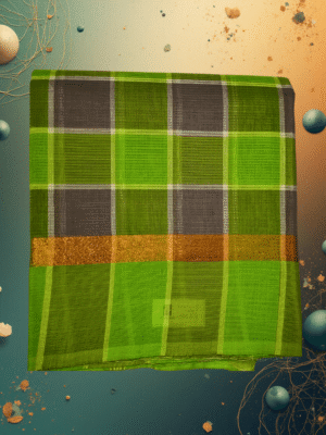 Pure Handloom Cotton Saree: Bold Charcoal Grey & Bright Green Large Checks