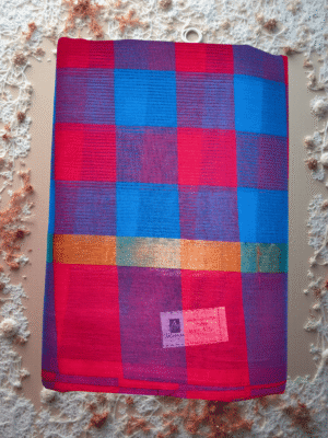 Pure Handloom Cotton Saree: Festive Multi-Hued Checks in Hot Pink, Teal & Velvet