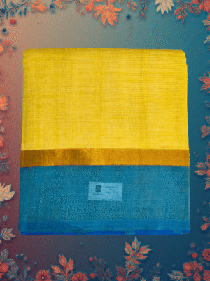 Handloom Cotton Saree ? Butter Yellow with Sage?Green Body, Royal Blue Borders and Antique?Gold Accents.