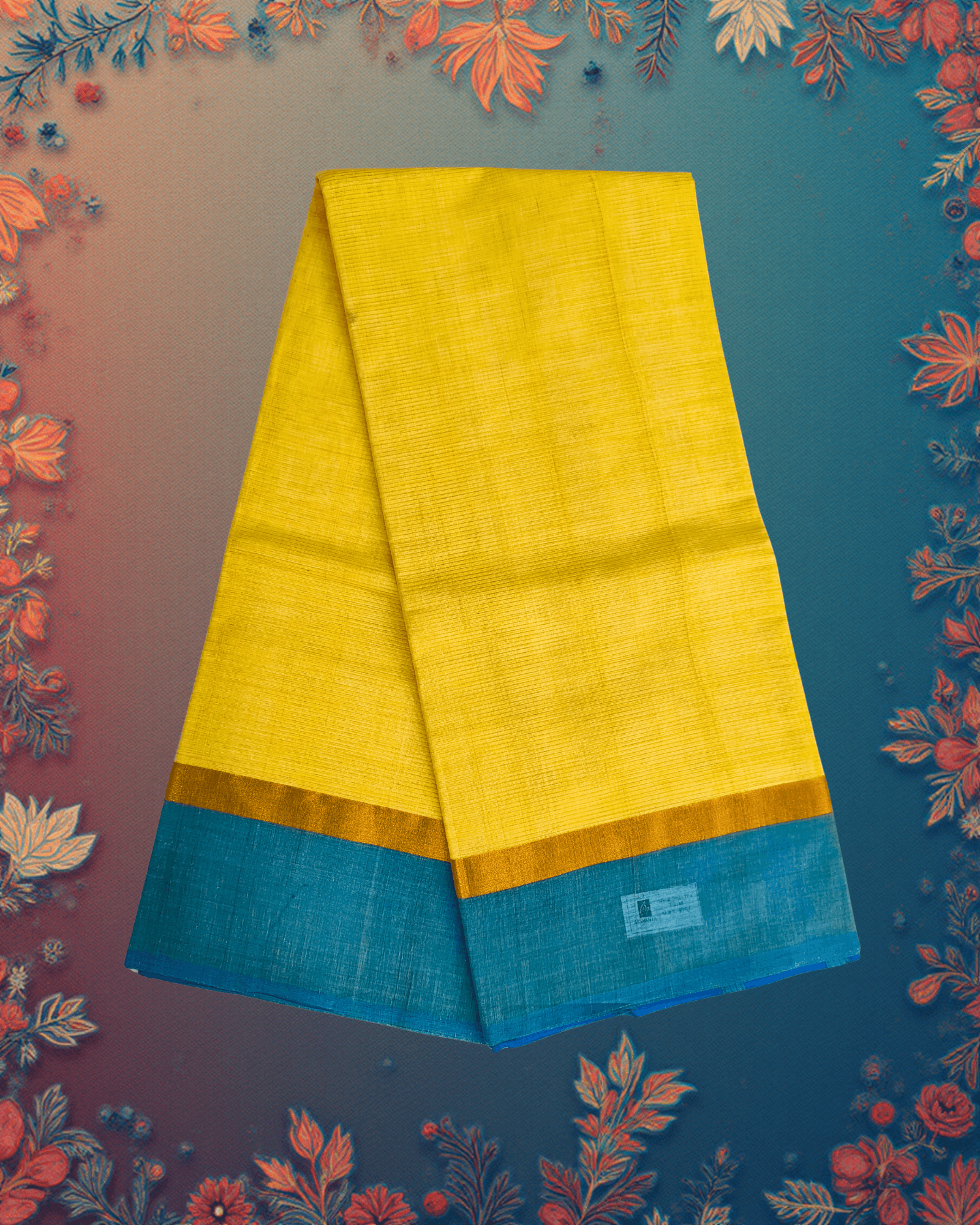 Handloom Cotton Saree ? Butter Yellow with Sage?Green Body, Royal Blue Borders and Antique?Gold Accents. - Image 2