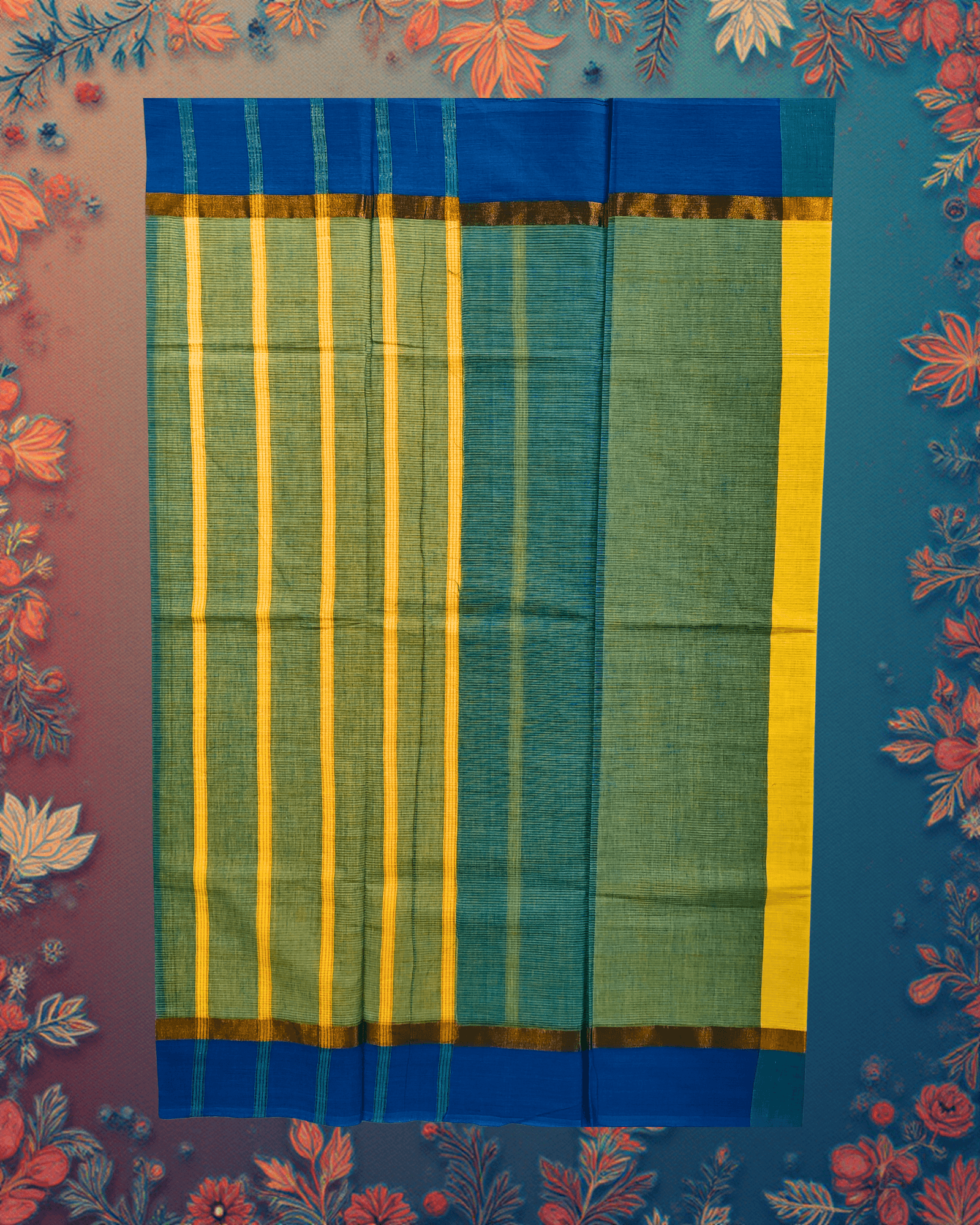 Handloom Cotton Saree ? Butter Yellow with Sage?Green Body, Royal Blue Borders and Antique?Gold Accents. - Image 6