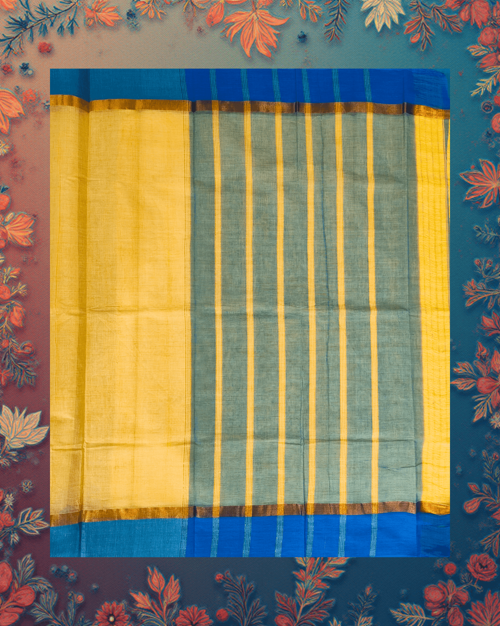 Handloom Cotton Saree ? Butter Yellow with Sage?Green Body, Royal Blue Borders and Antique?Gold Accents. - Image 3