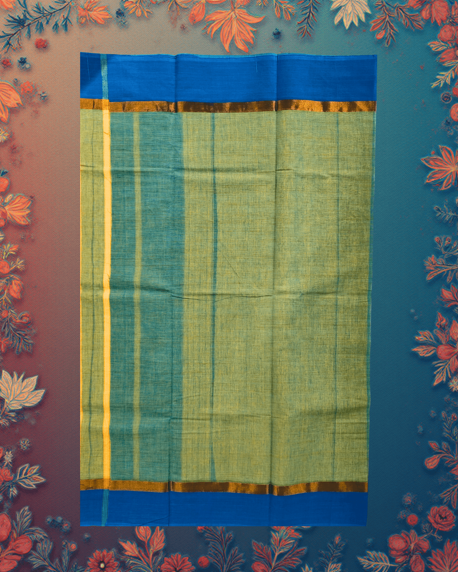 Handloom Cotton Saree ? Butter Yellow with Sage?Green Body, Royal Blue Borders and Antique?Gold Accents. - Image 4