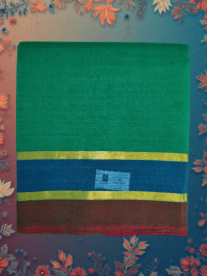 Handloom Cotton Saree ? Emerald Green with Teal Body, Royal Blue?Maroon Contrast Border and Subtle Gold Lines.