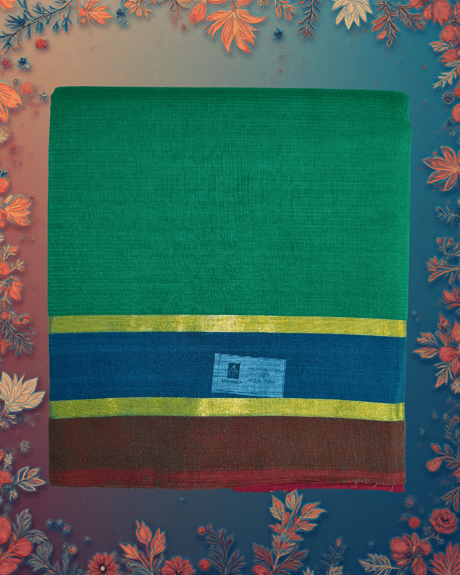 Handloom Cotton Saree ? Emerald Green with Teal Body, Royal Blue?Maroon Contrast Border and Subtle Gold Lines.