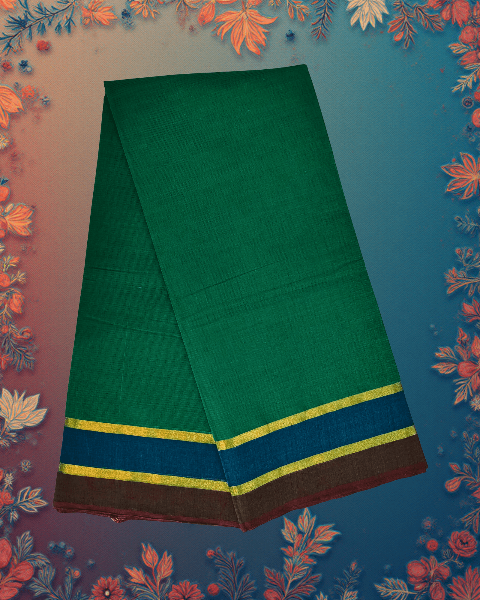 Handloom Cotton Saree ? Emerald Green with Teal Body, Royal Blue?Maroon Contrast Border and Subtle Gold Lines. - Image 2