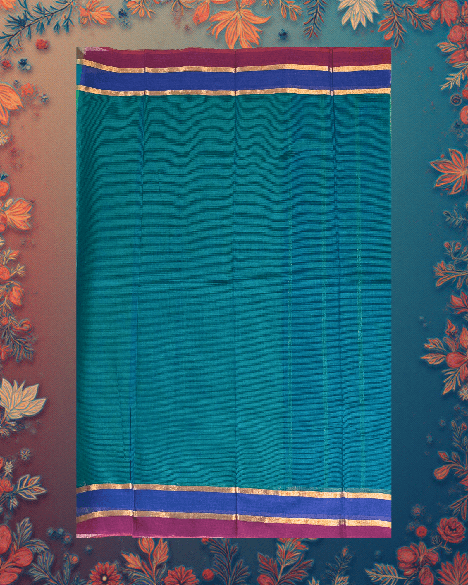 Handloom Cotton Saree ? Emerald Green with Teal Body, Royal Blue?Maroon Contrast Border and Subtle Gold Lines. - Image 3