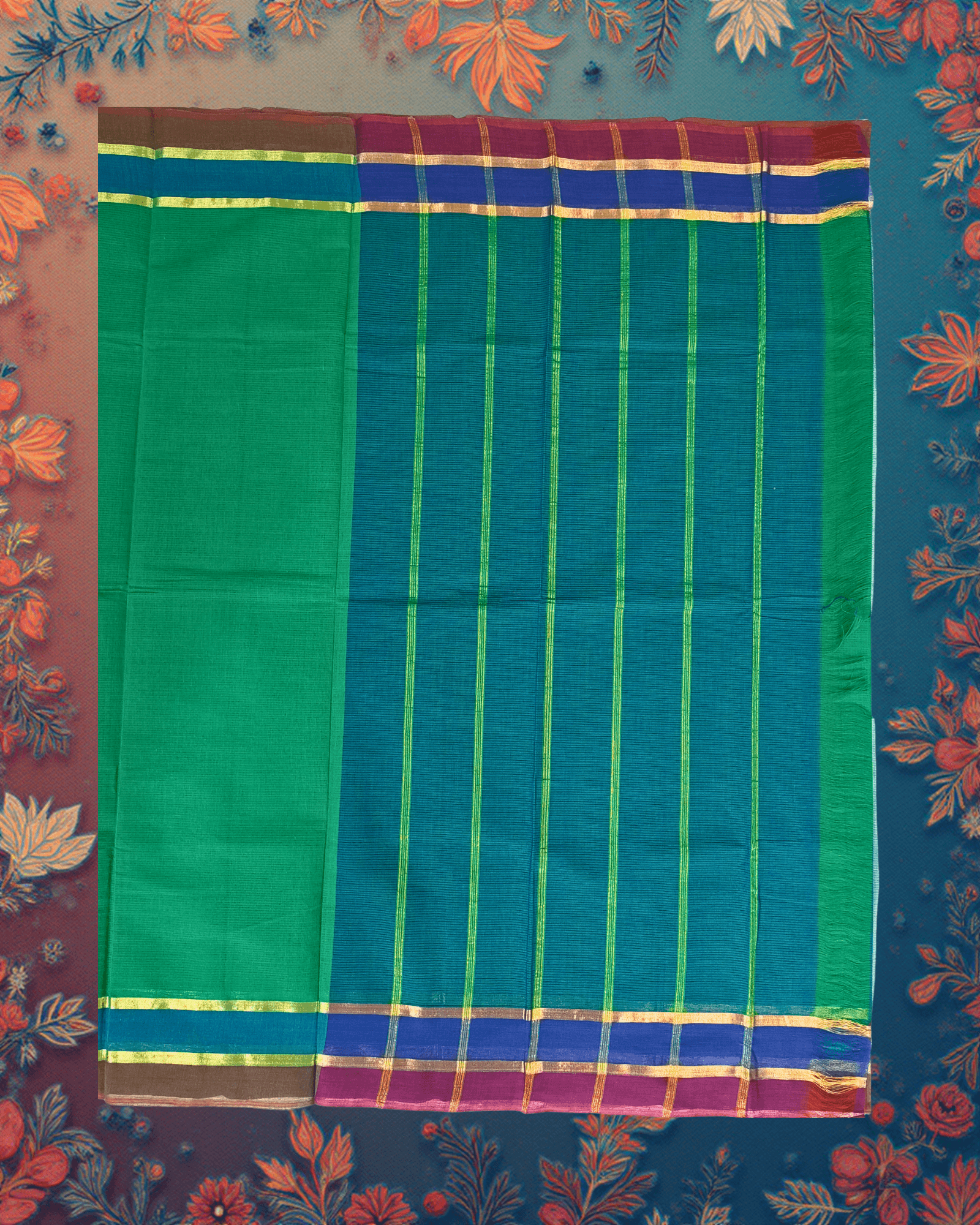 Handloom Cotton Saree ? Emerald Green with Teal Body, Royal Blue?Maroon Contrast Border and Subtle Gold Lines. - Image 5