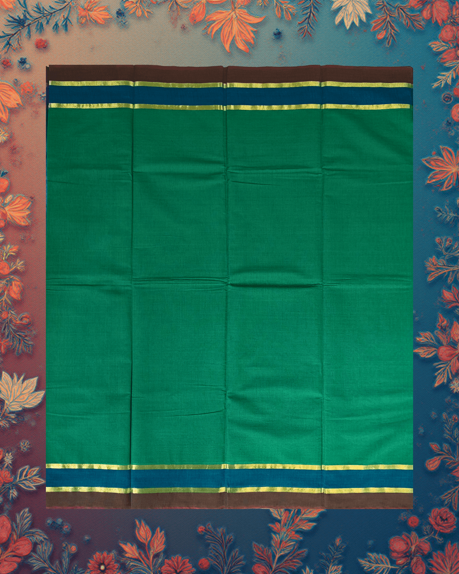Handloom Cotton Saree ? Emerald Green with Teal Body, Royal Blue?Maroon Contrast Border and Subtle Gold Lines. - Image 4