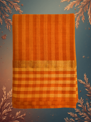Pure Handloom Cotton Saree: Vibrant Bright Orange Vertical Stripes with Multi-Patterned Border