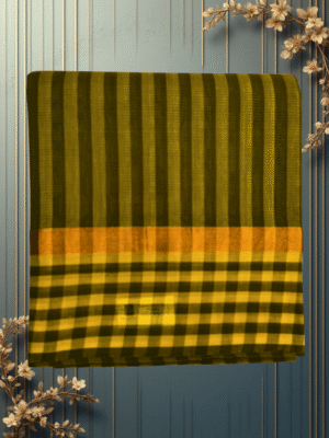 Pure Handloom Cotton Saree: Deep Olive Green Vertical Stripes with Multi-Patterned Border