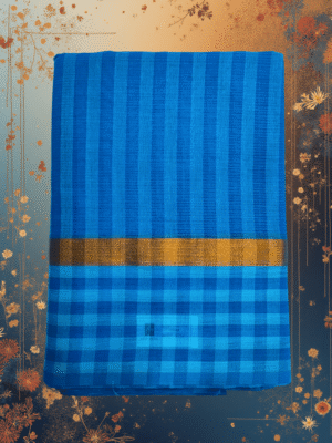 Pure Handloom Cotton Saree: Deep Dual-tone Blue Vertical Stripes with Multi-Patterned Border