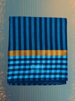 Pure Handloom Cotton Saree: Dynamic Dual-tone Blue Vertical Stripes with Multi-Patterned Border
