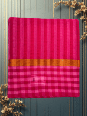 Pure Handloom Cotton Saree: Vibrant Hot Pink Vertical Stripes with Rani Pink Check Border