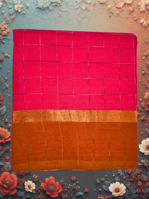 Pure Handloom Cotton Saree: Hot Pink with Silver Grid Checks & Brown Border