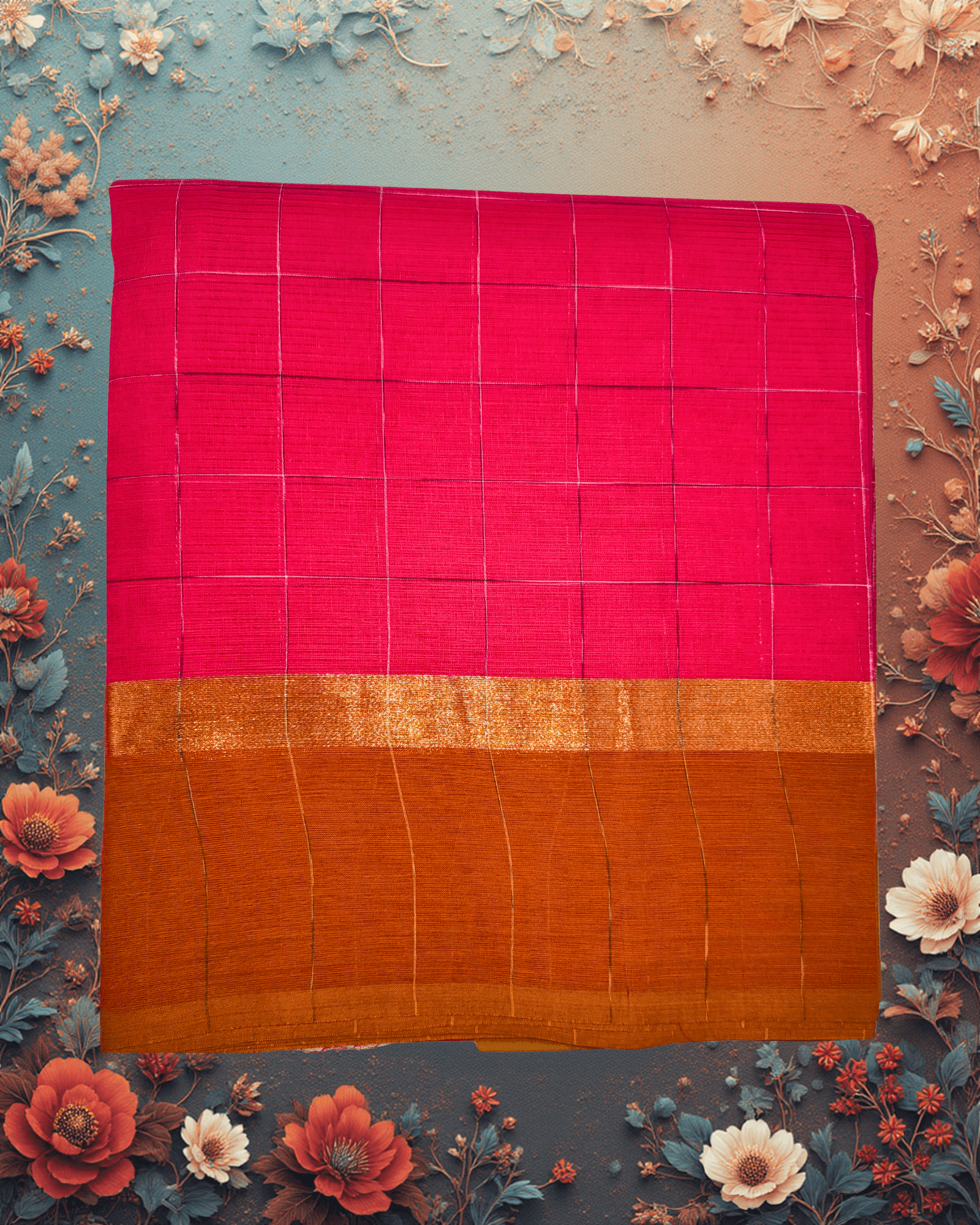 Pure Handloom Cotton Saree: Hot Pink with Silver Grid Checks & Brown Border