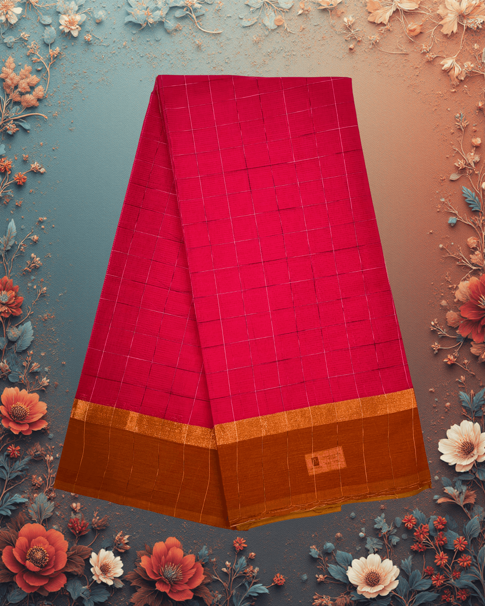 Pure Handloom Cotton Saree: Hot Pink with Silver Grid Checks & Brown Border - Image 2