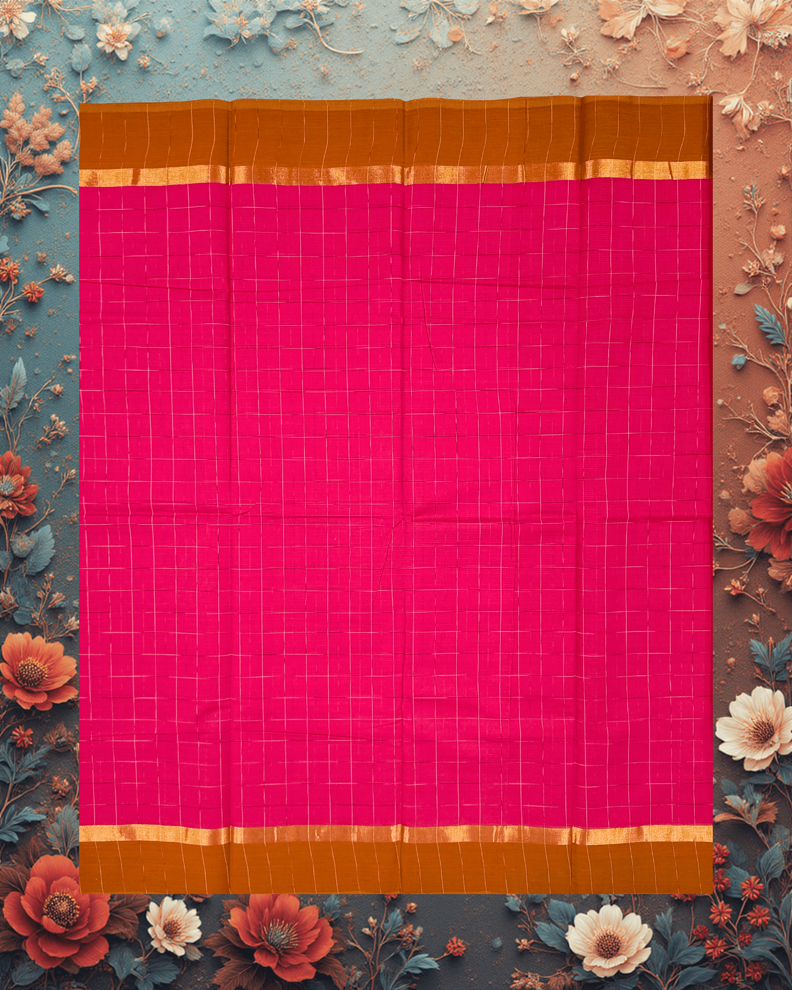 Pure Handloom Cotton Saree: Hot Pink with Silver Grid Checks & Brown Border - Image 3