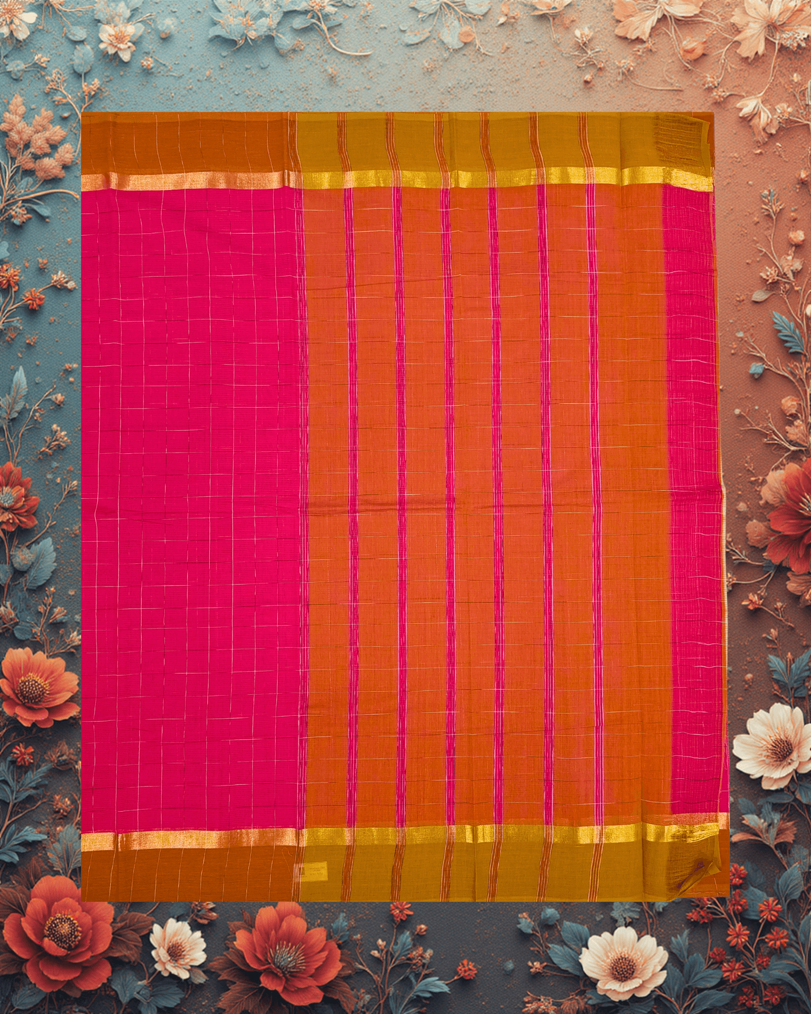 Pure Handloom Cotton Saree: Hot Pink with Silver Grid Checks & Brown Border - Image 6