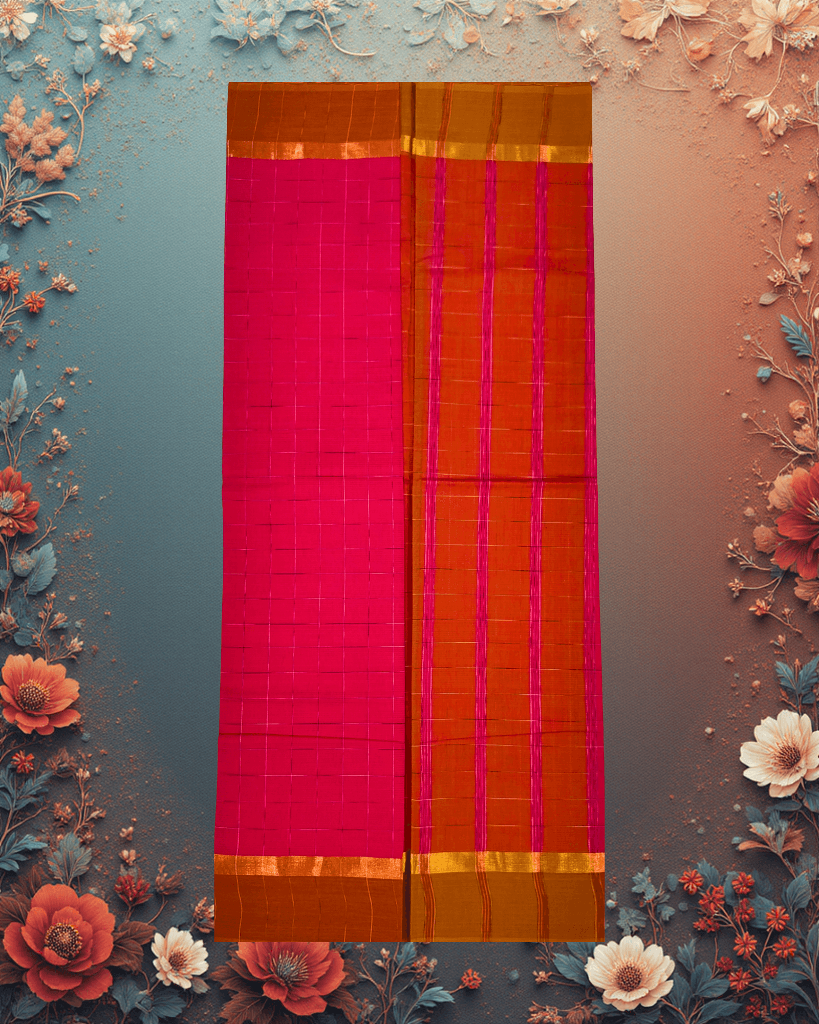 Pure Handloom Cotton Saree: Hot Pink with Silver Grid Checks & Brown Border - Image 4