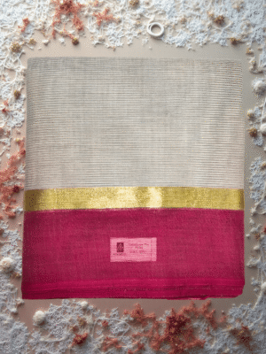 Pure Handloom Cotton Saree: Subtle Grey Horizontal Lines with Deep Pink & Brown Border