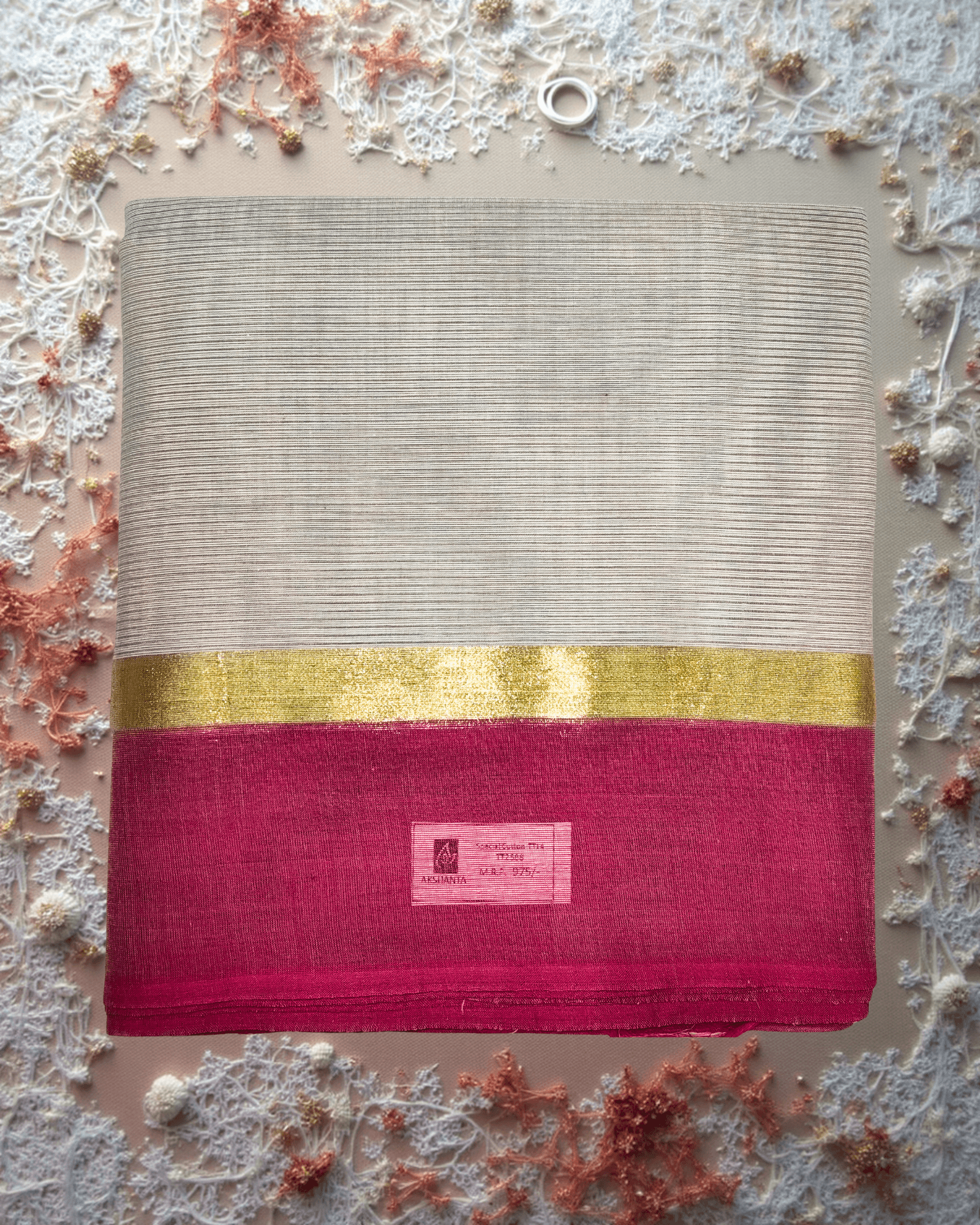 Pure Handloom Cotton Saree: Subtle Grey Horizontal Lines with Deep Pink & Brown Border