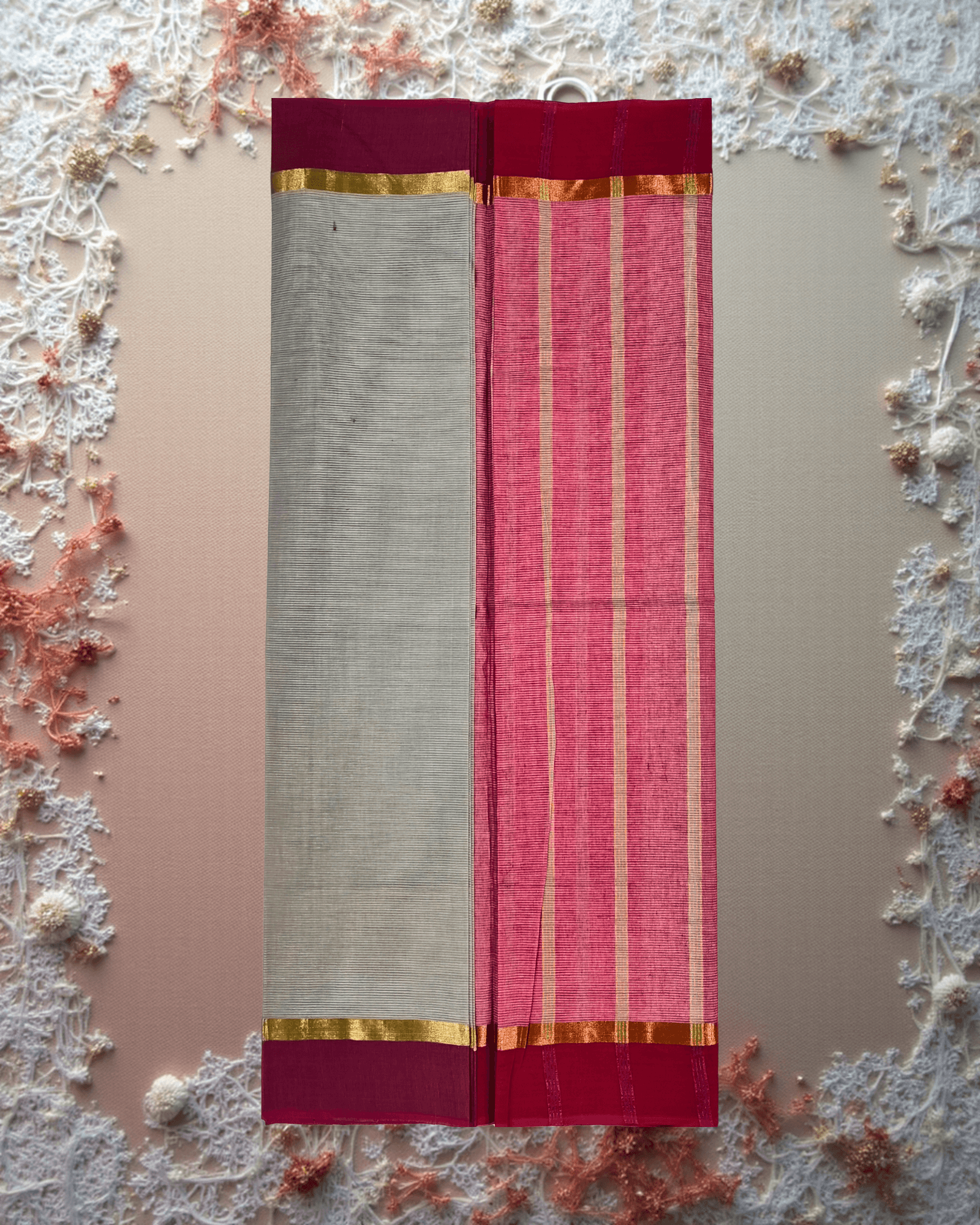 Pure Handloom Cotton Saree: Subtle Grey Horizontal Lines with Deep Pink & Brown Border - Image 2