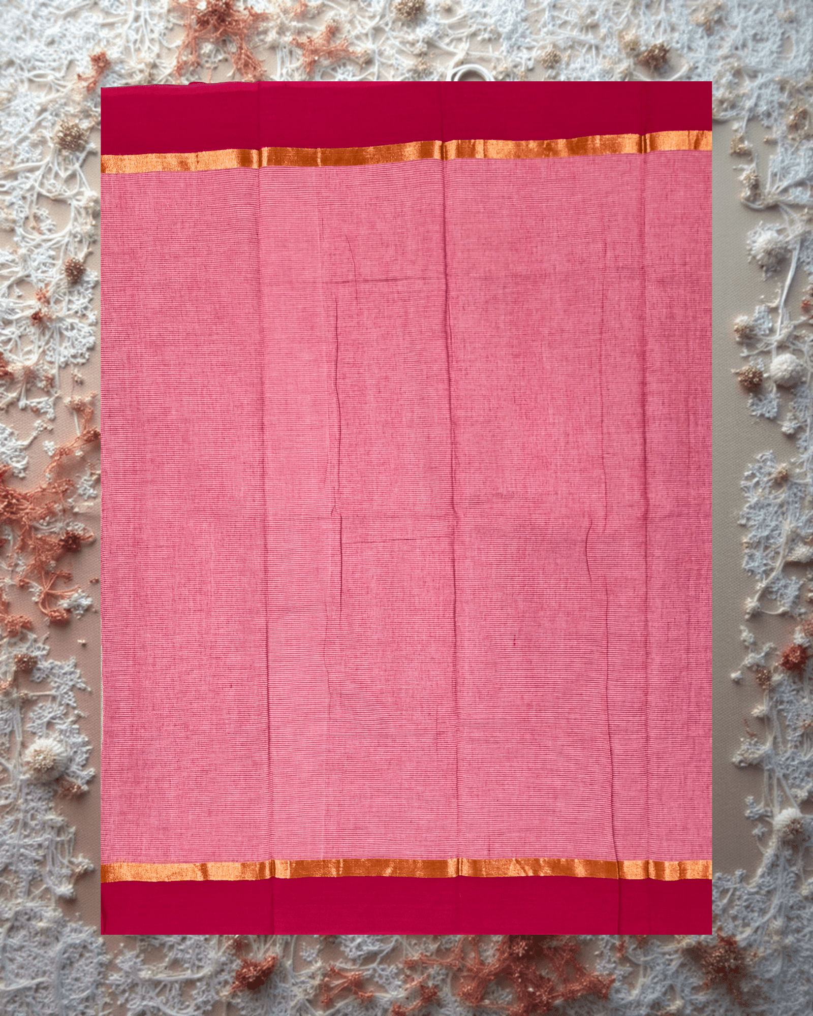 Pure Handloom Cotton Saree: Subtle Grey Horizontal Lines with Deep Pink & Brown Border - Image 4