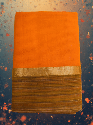 Pure Handloom Cotton Saree: Bright Orange Stripes with Multi-Colored Earth Tone Border