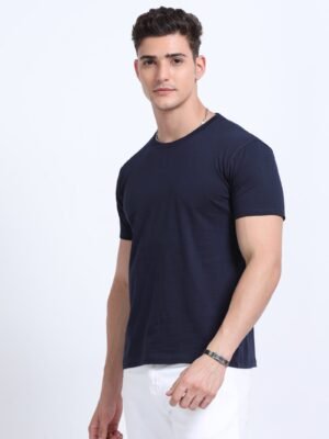BIOWASH Men?s 100% Cotton Round Neck T-Shirt ? Ultra Soft Single Jersey | 180 GSM | Premium Quality - Navy Blue, L