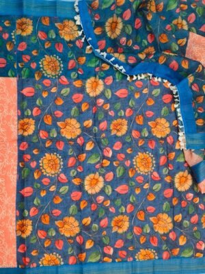 Cotton Magic Mudra Collection Saree - Indigo & Coral Flora