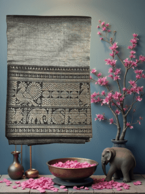 Sophisticated Grey Art Silk Saree with Antique Kanchi Wildlife Border