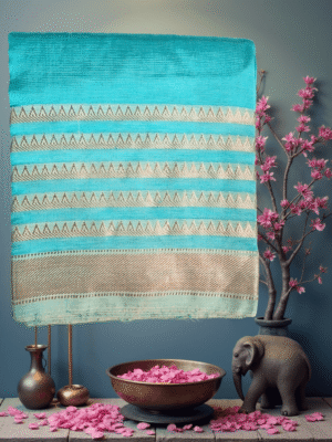 Sky Blue Art Silk Saree with Sequential Jari and Temple Border Weave