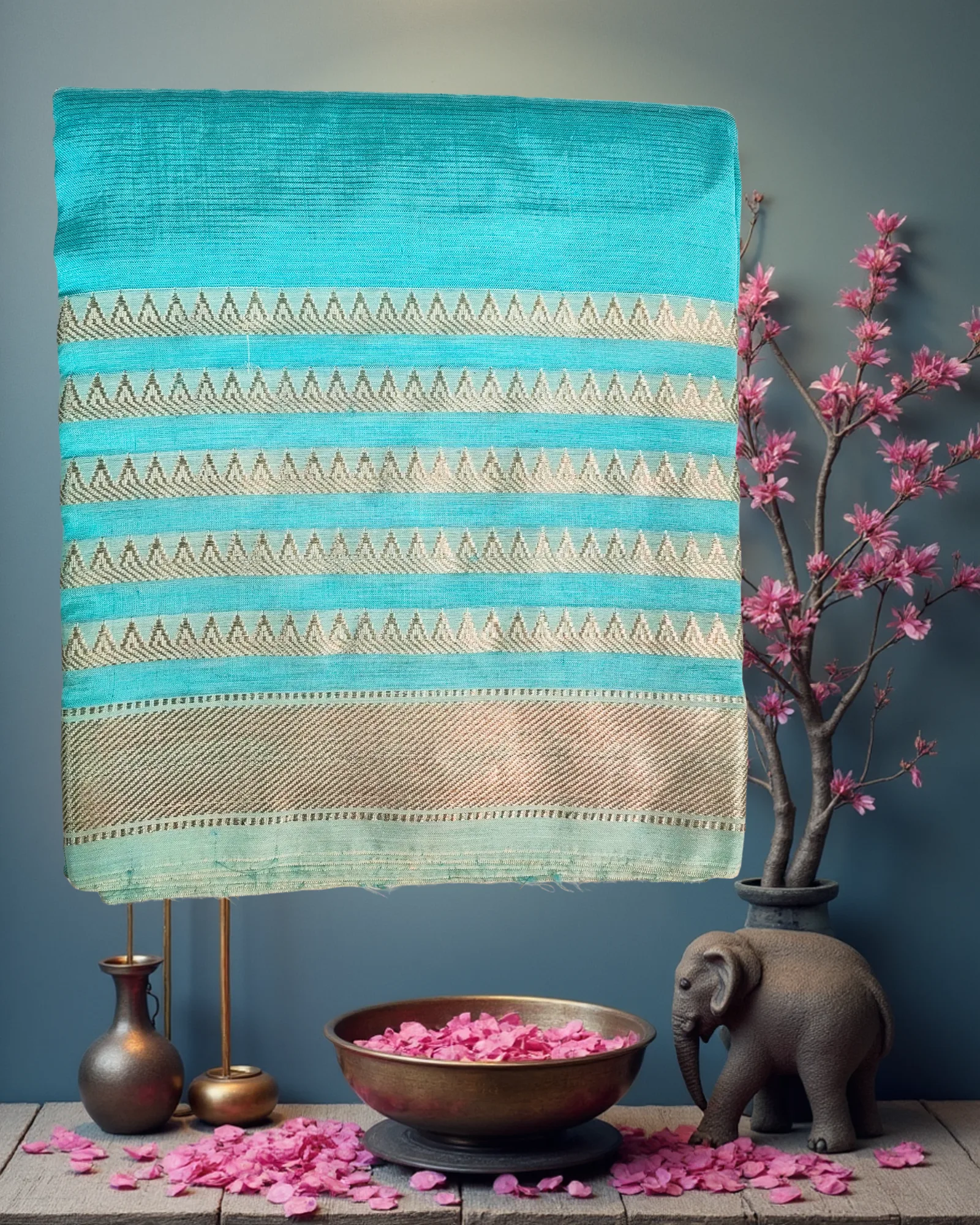 Sky Blue Art Silk Saree with Sequential Jari and Temple Border Weave