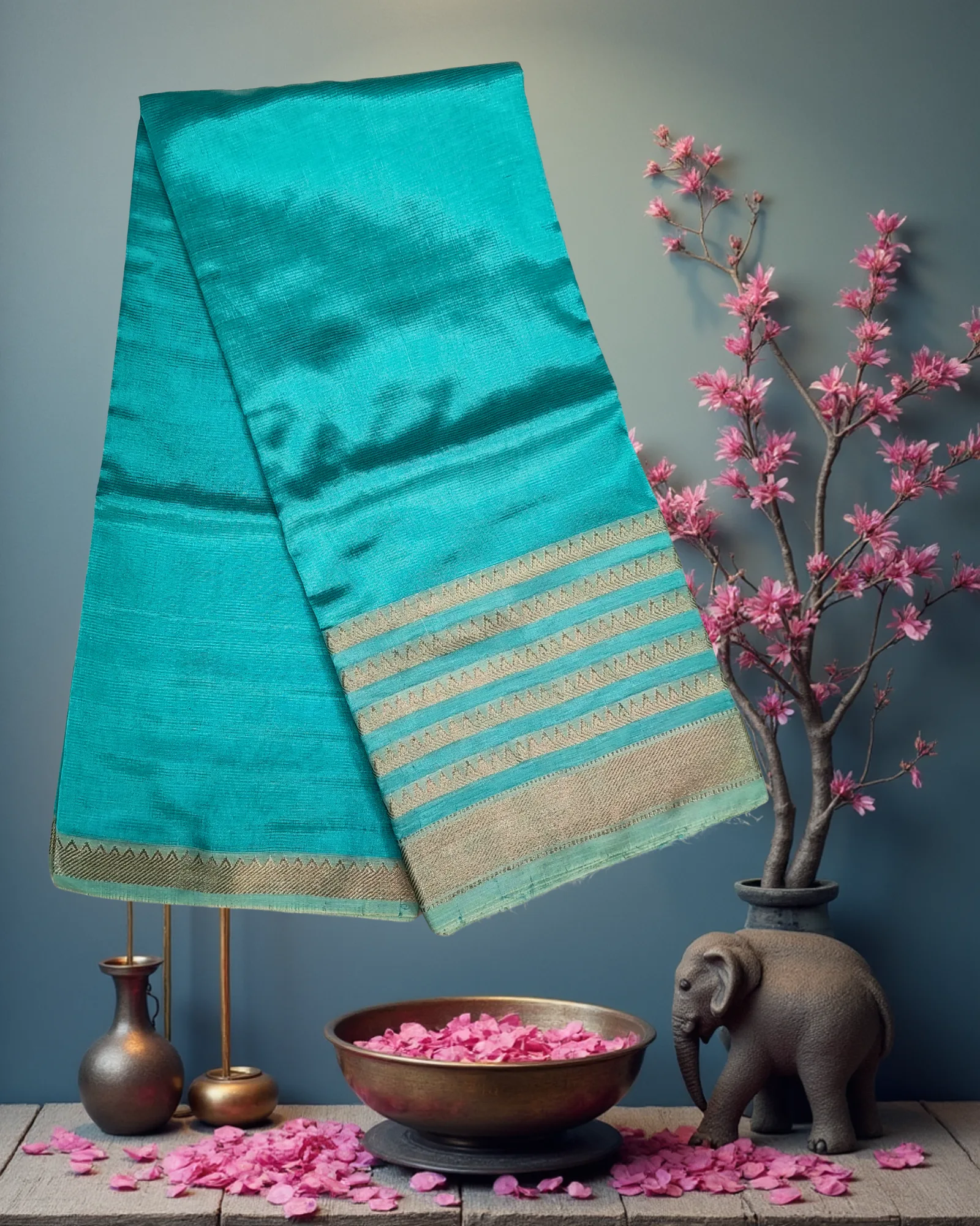 Sky Blue Art Silk Saree with Sequential Jari and Temple Border Weave - Image 3