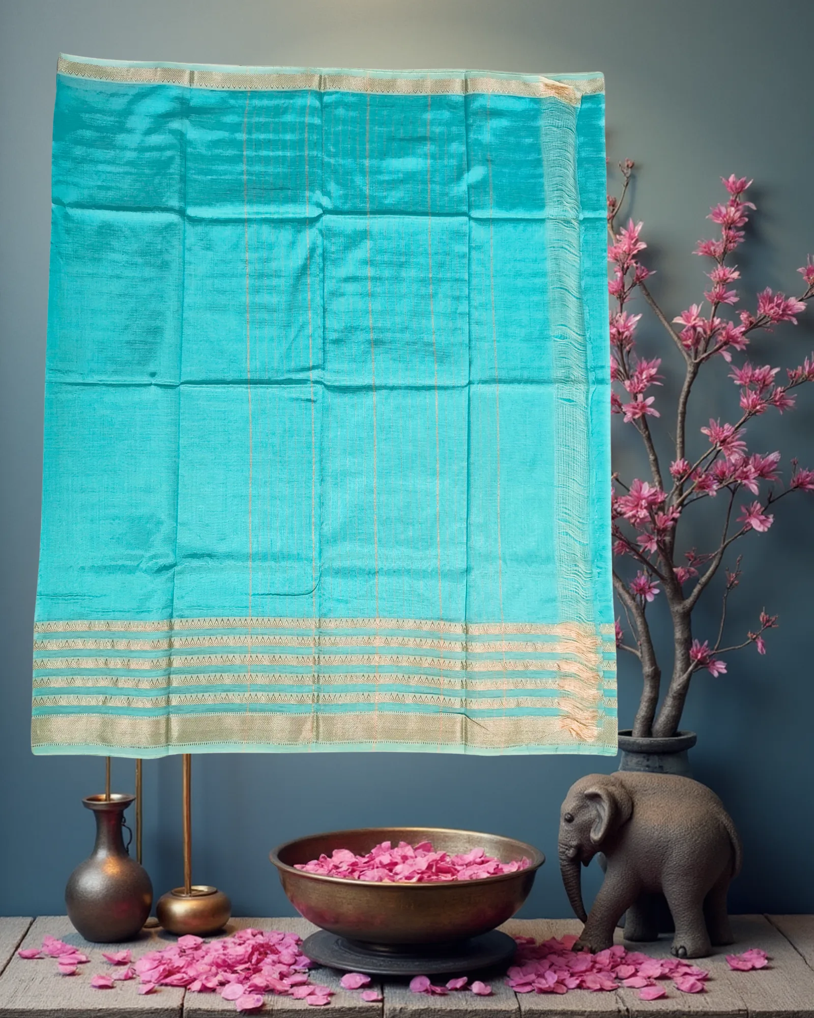 Sky Blue Art Silk Saree with Sequential Jari and Temple Border Weave - Image 4