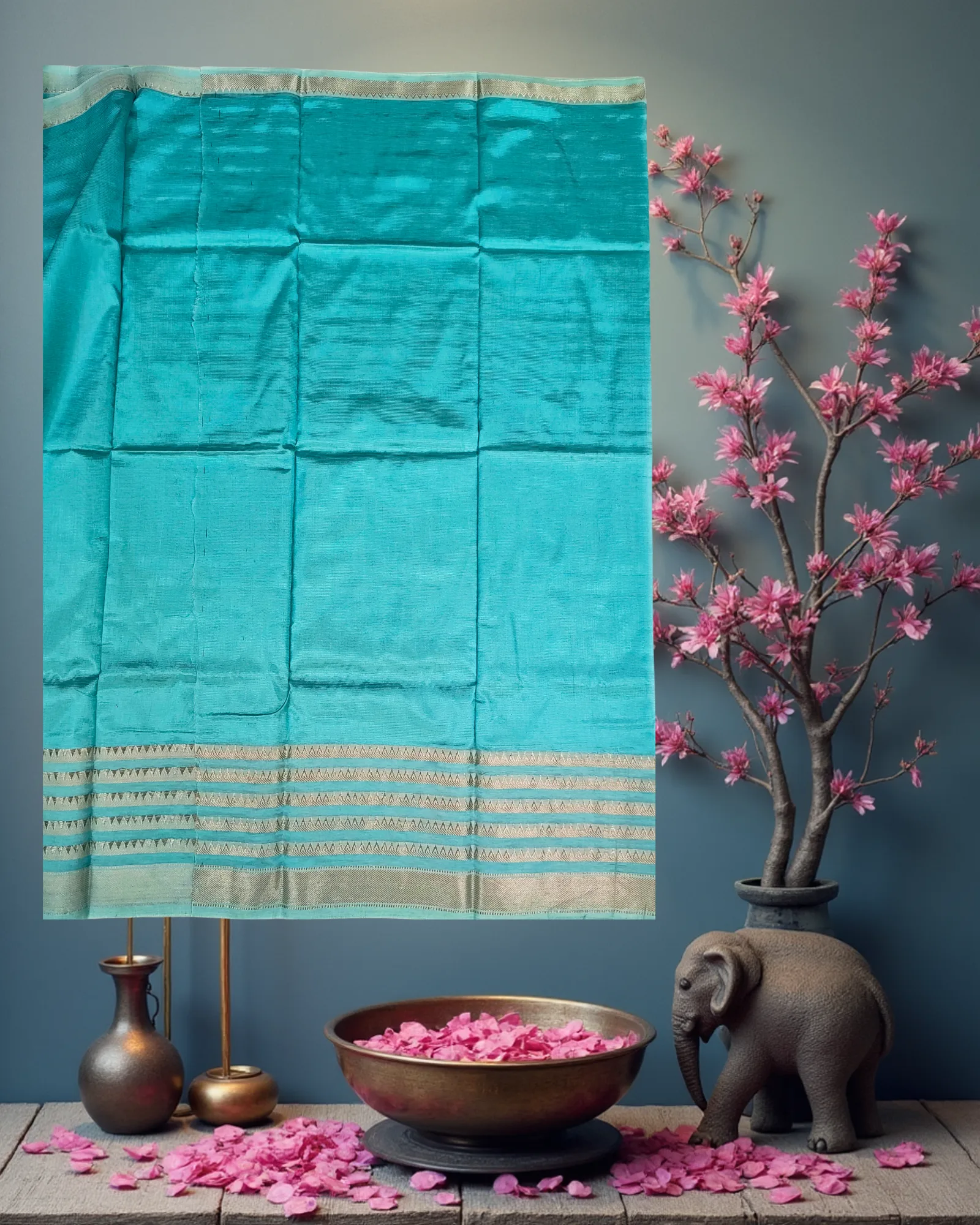 Sky Blue Art Silk Saree with Sequential Jari and Temple Border Weave - Image 5