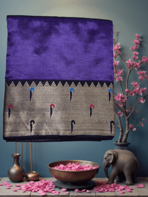 Luxury Velvet Purple Art Silk Saree with Multi-Color Paithani-Style Buttah