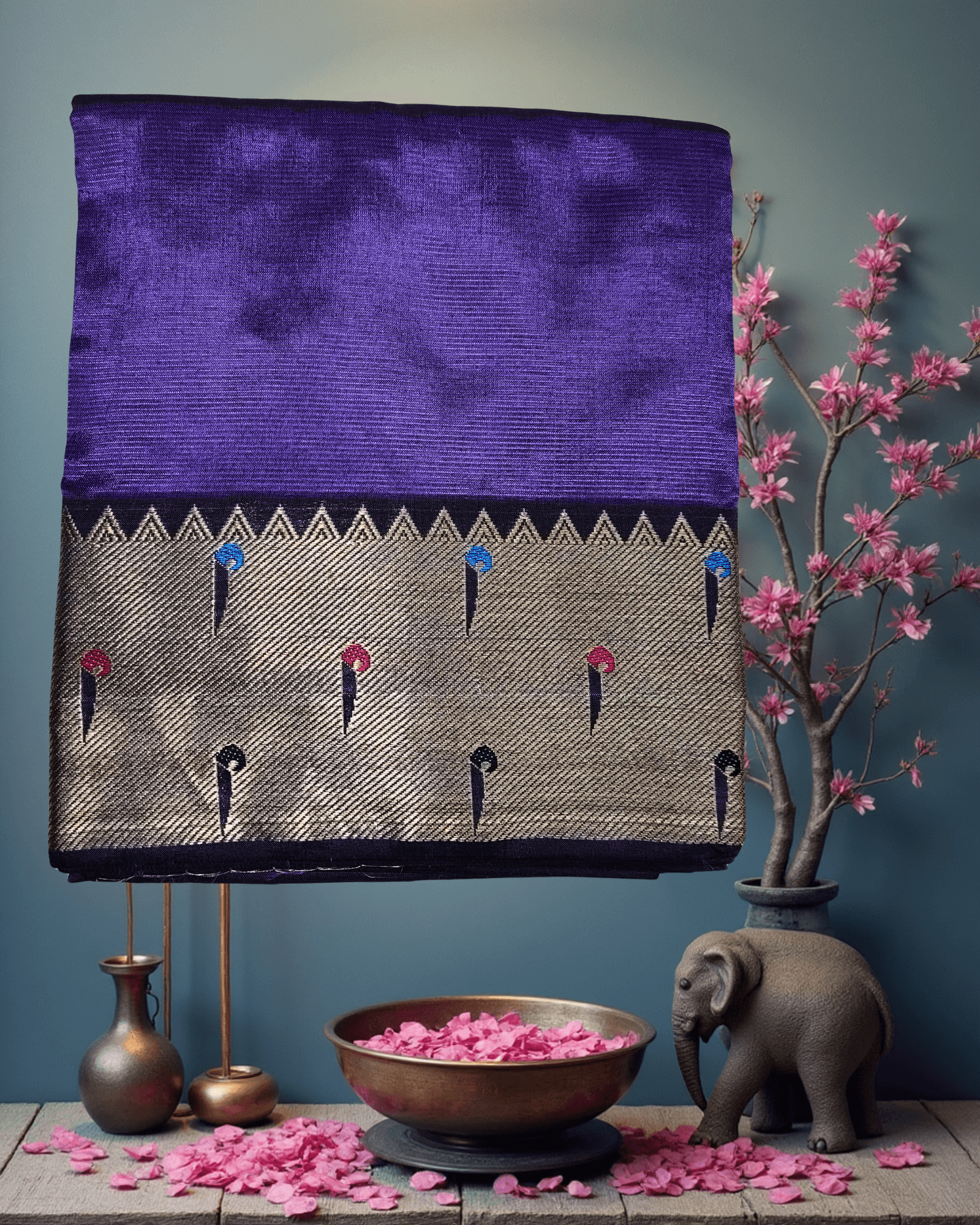 Luxury Velvet Purple Art Silk Saree with Multi-Color Paithani-Style Buttah