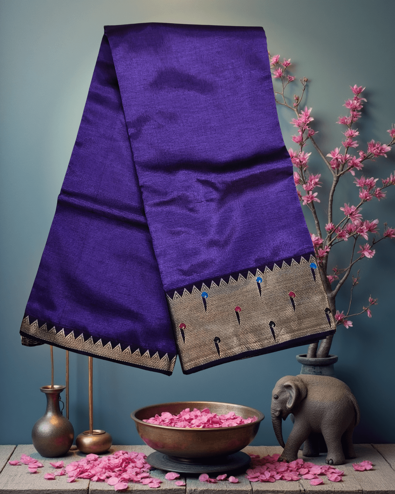 Luxury Velvet Purple Art Silk Saree with Multi-Color Paithani-Style Buttah - Image 3