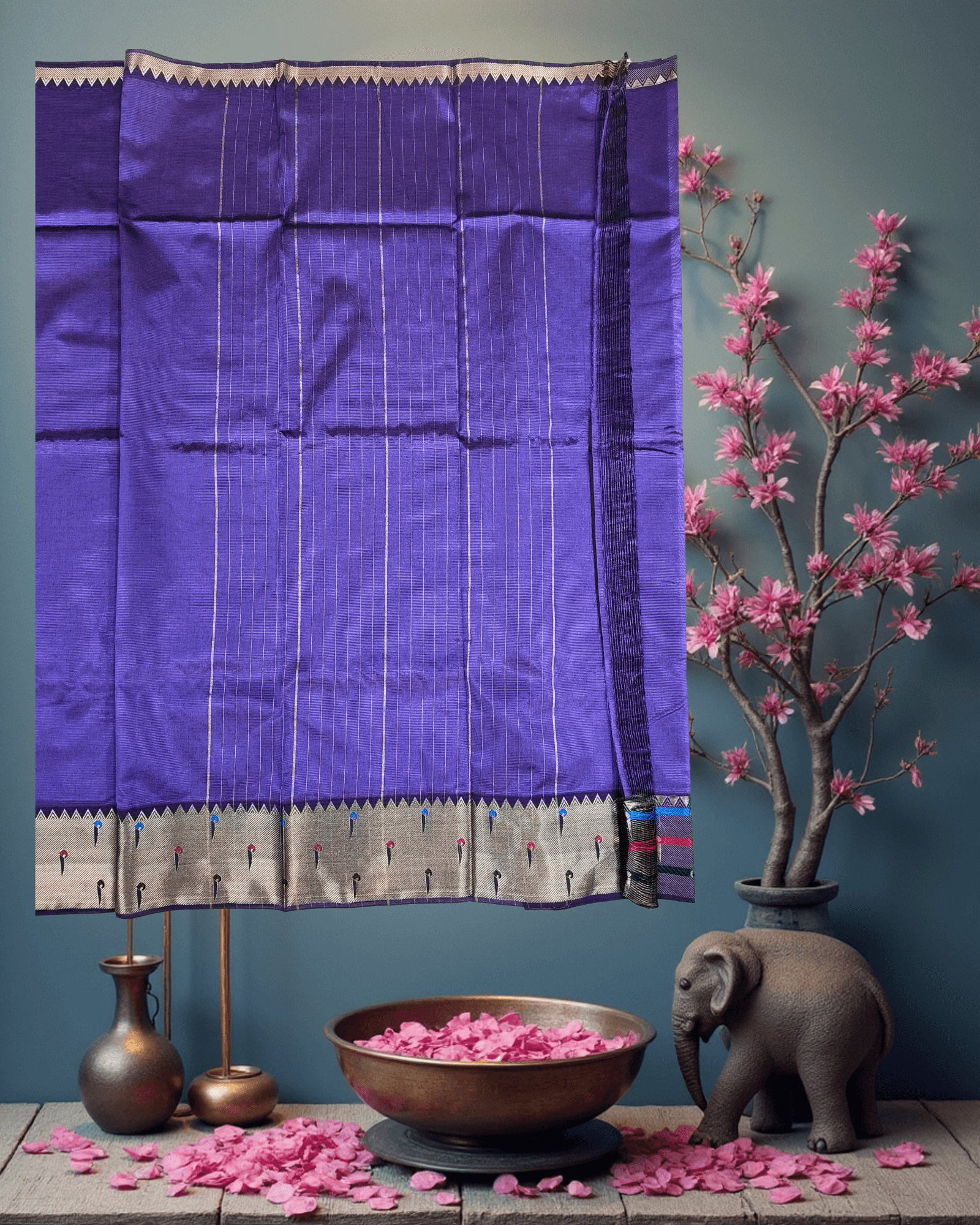 Luxury Velvet Purple Art Silk Saree with Multi-Color Paithani-Style Buttah - Image 4