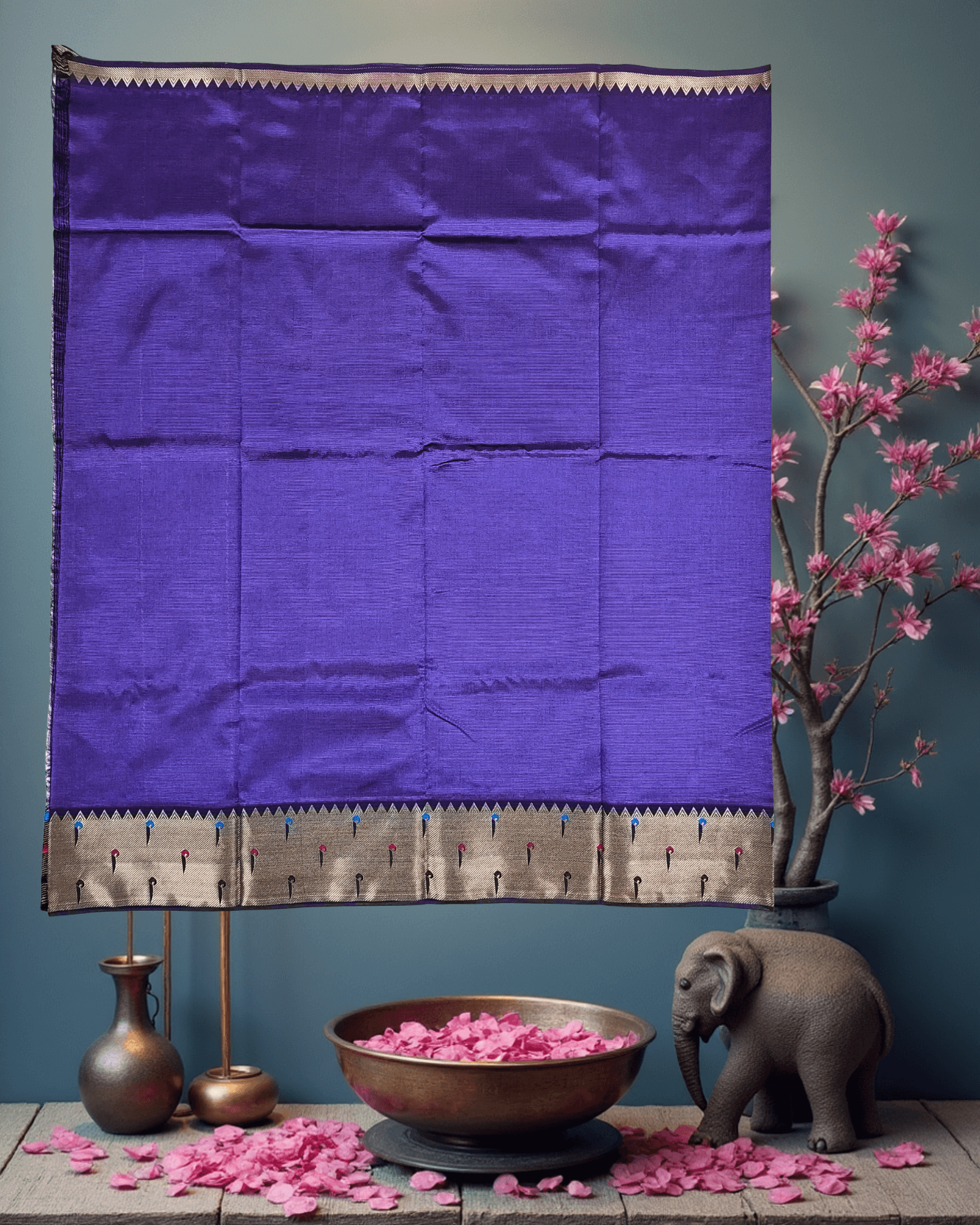 Luxury Velvet Purple Art Silk Saree with Multi-Color Paithani-Style Buttah - Image 5