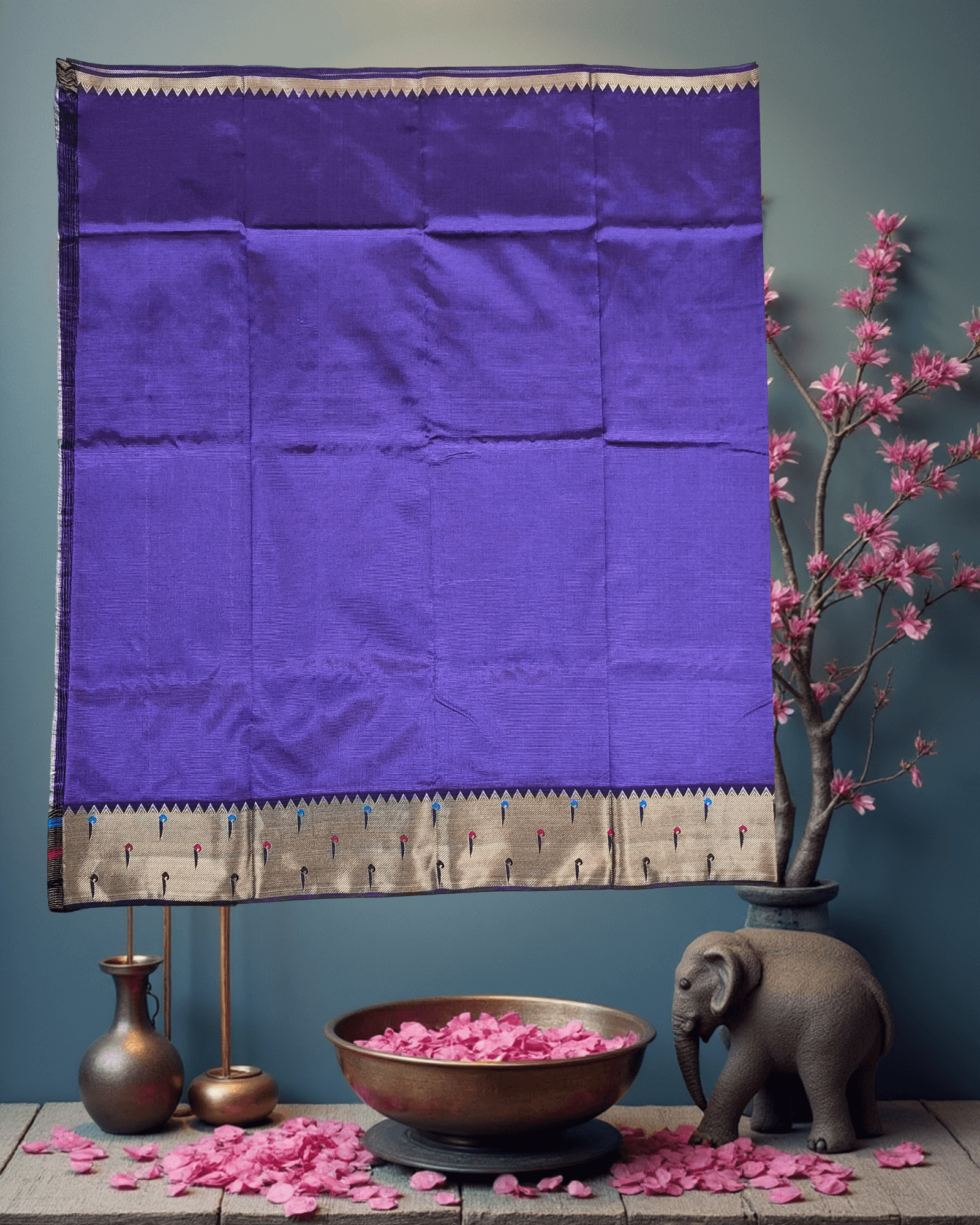 Luxury Velvet Purple Art Silk Saree with Multi-Color Paithani-Style Buttah - Image 6