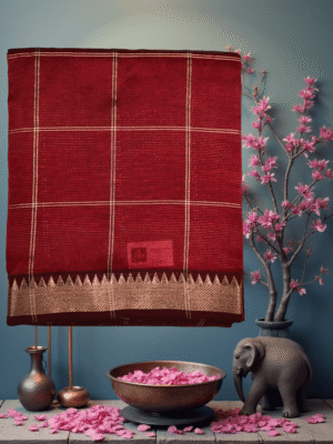Maroon Handloom Art Silk Saree with Checks and Silver Jari Temple Border
