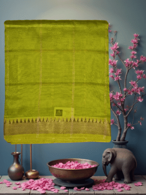 Luminous Parrot Green Art Silk Saree with Golden Jari Temple Border