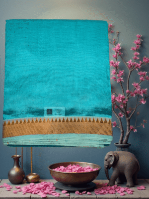 Patur Handloom Art Silk Saree: Plain Sky Blue with Golden Jari Temple Border