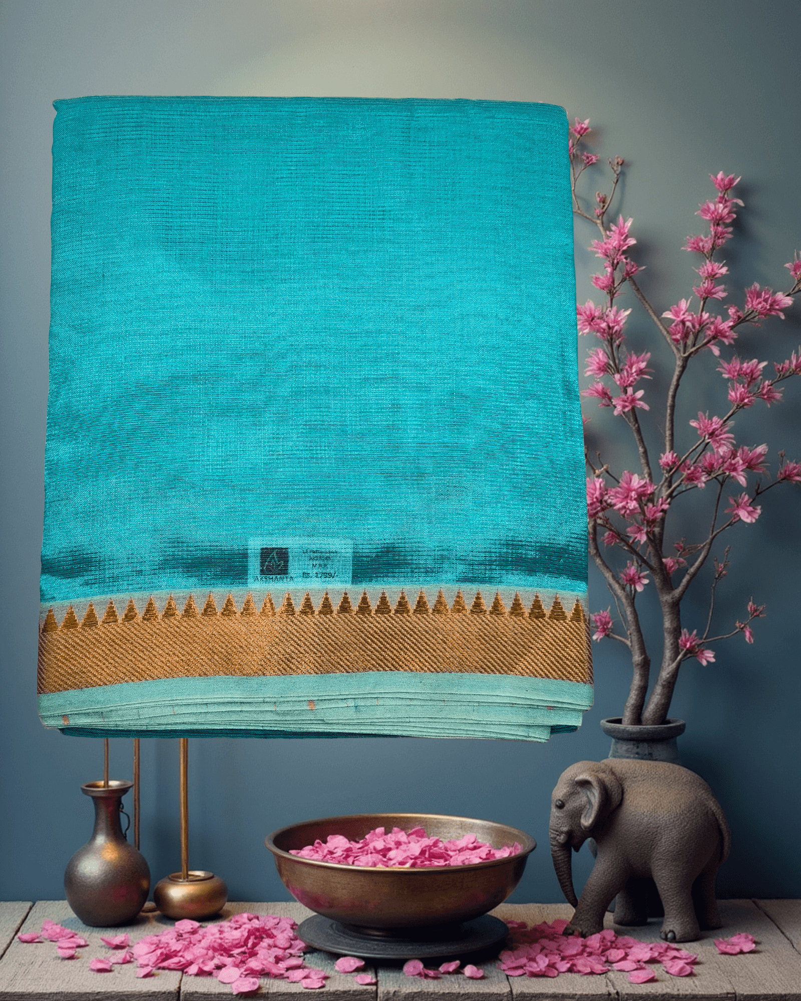 Patur Handloom Art Silk Saree: Plain Sky Blue with Golden Jari Temple Border