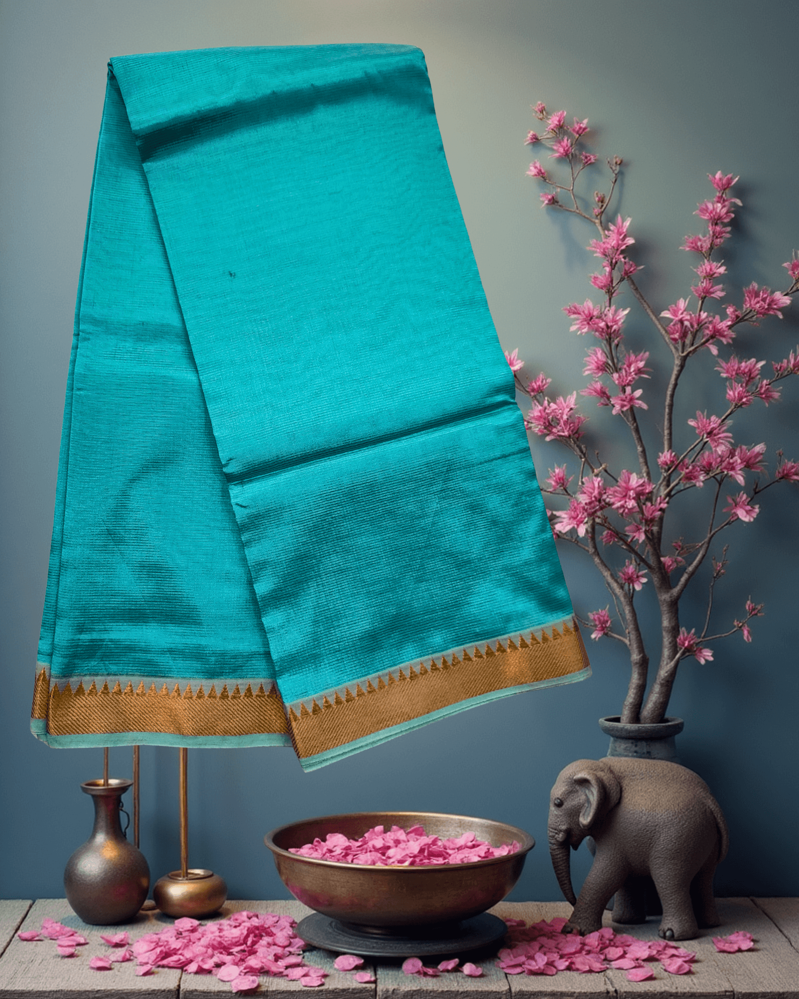 Patur Handloom Art Silk Saree: Plain Sky Blue with Golden Jari Temple Border - Image 3