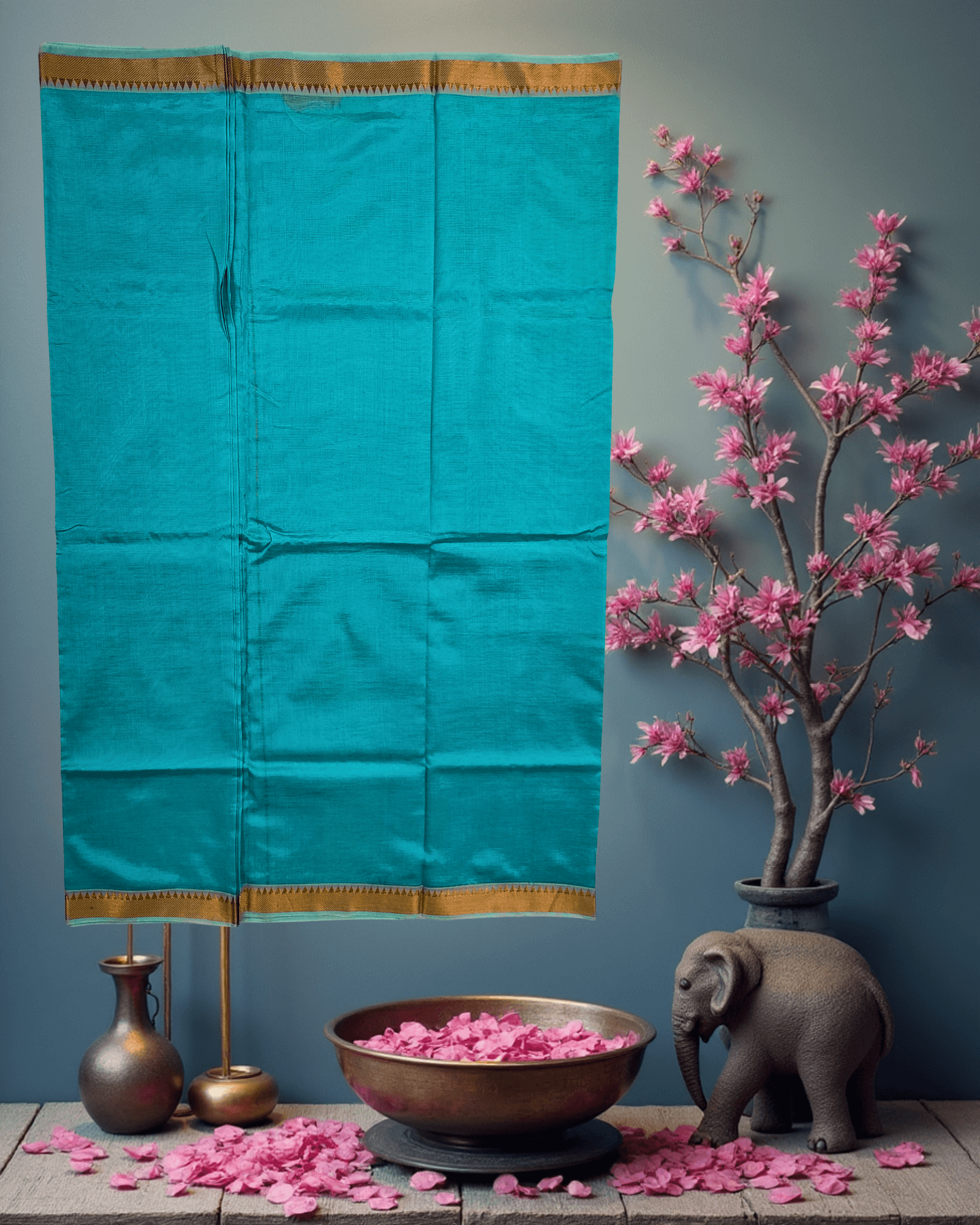 Patur Handloom Art Silk Saree: Plain Sky Blue with Golden Jari Temple Border - Image 5